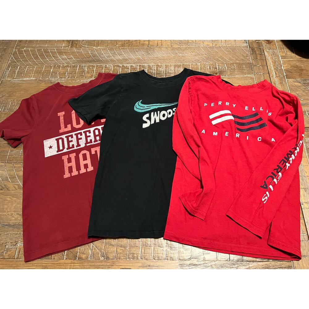 Lot of 3 boys t-shirts Size Medium Stay at home outside play Some flaws stains